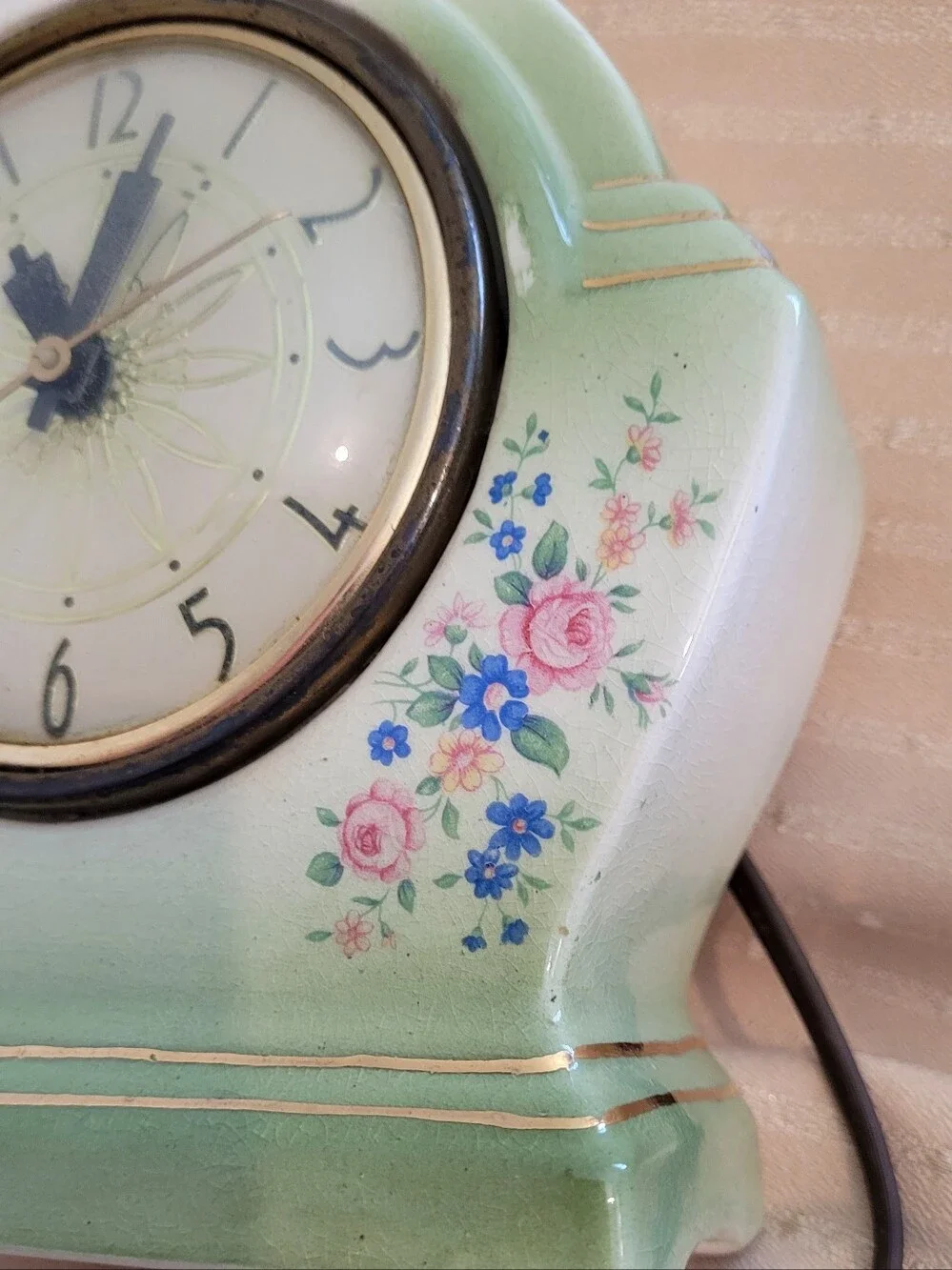Vintage Royal Oxford China Electric Clock Art Deco Floral 22K Gold - Motor Hums